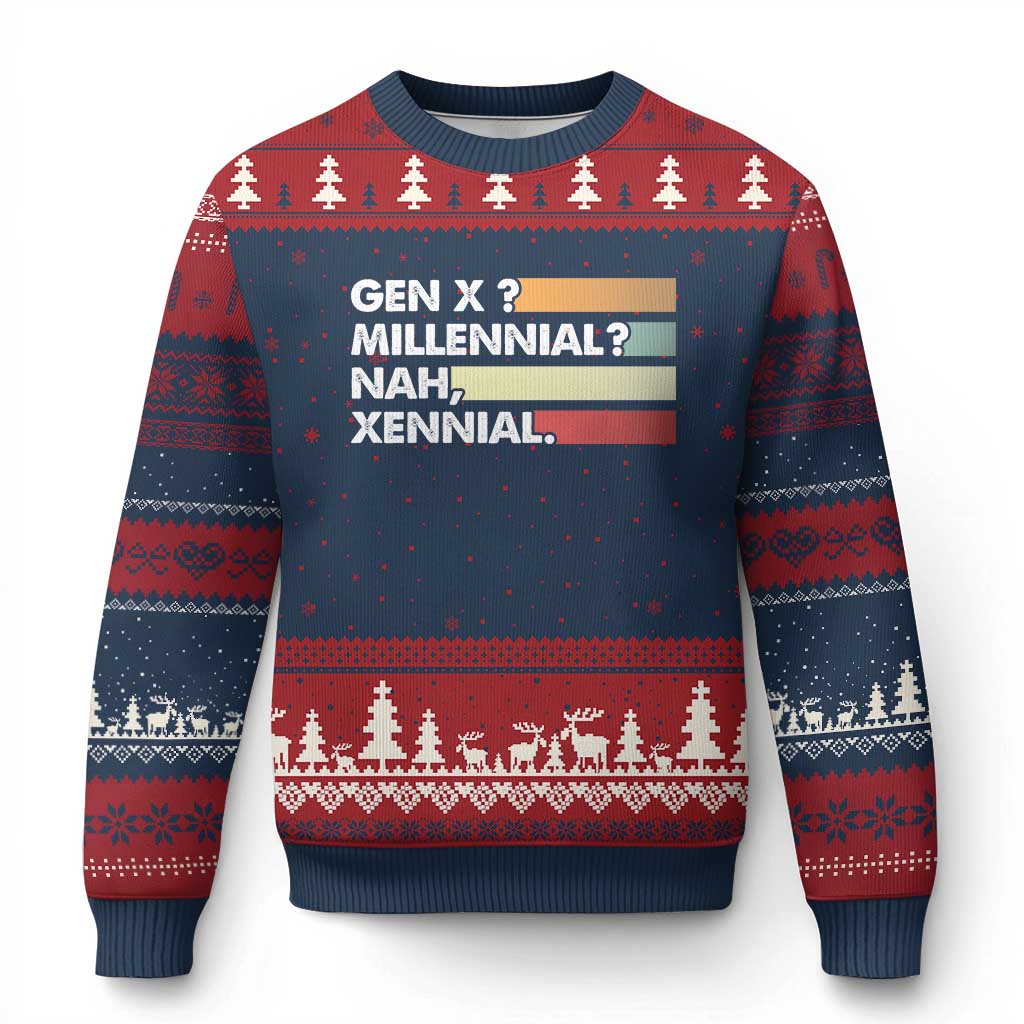 Gen X Millennial Nah Xennial Ugly Christmas Sweater Retro Sunset Striped Typography Graphic TS02 Navy Red Print Your Wear