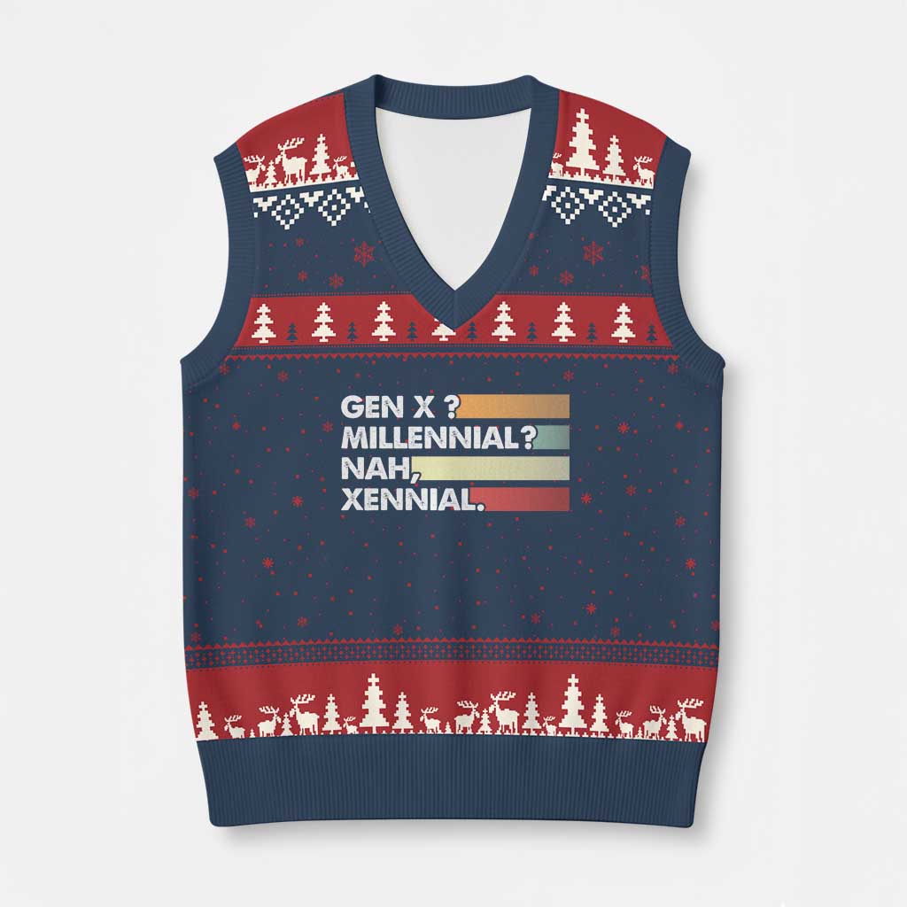 Gen X Millennial Nah Xennial V-Neck Knit Sweater Vest Retro Sunset Striped Typography Graphic TS02 Navy Red Print Your Wear