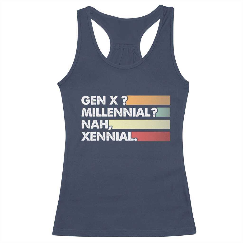 Gen X Millennial Nah Xennial Racerback Tank Top Retro Sunset Striped Typography Graphic TS02 Navy Print Your Wear