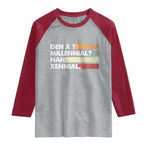 Gen X Millennial Nah Xennial Raglan Shirt Retro Sunset Striped Typography Graphic TS02 Heather Gray Heather Red Print Your Wear