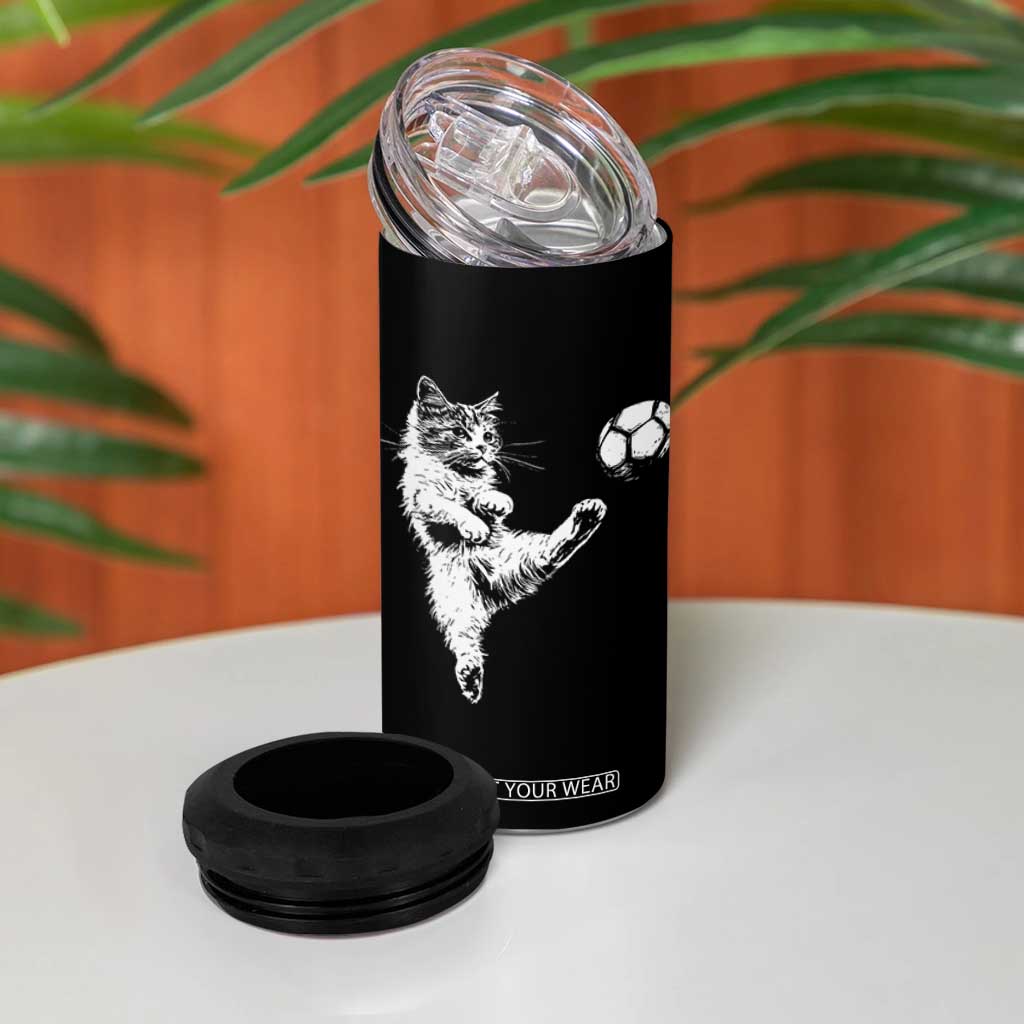 Vintage Sketch Soccer Cat Graphic 4 in 1 Can Cooler Tumbler Kitten Kicking Football Sports Lover
