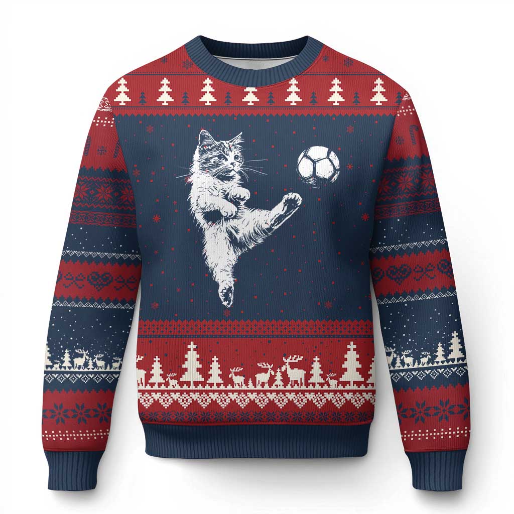 Vintage Sketch Soccer Cat Graphic Ugly Christmas Sweater Kitten Kicking Football Sports Lover TS02 Navy Red Print Your Wear