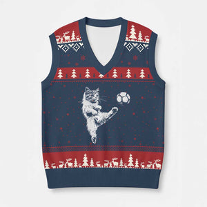 Vintage Sketch Soccer Cat Graphic V-Neck Knit Sweater Vest Kitten Kicking Football Sports Lover TS02 Navy Red Print Your Wear