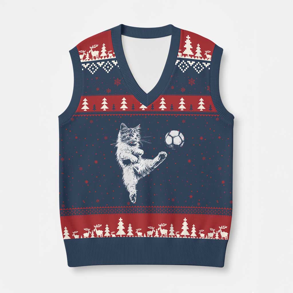 Vintage Sketch Soccer Cat Graphic V-Neck Knit Sweater Vest Kitten Kicking Football Sports Lover TS02 Navy Red Print Your Wear