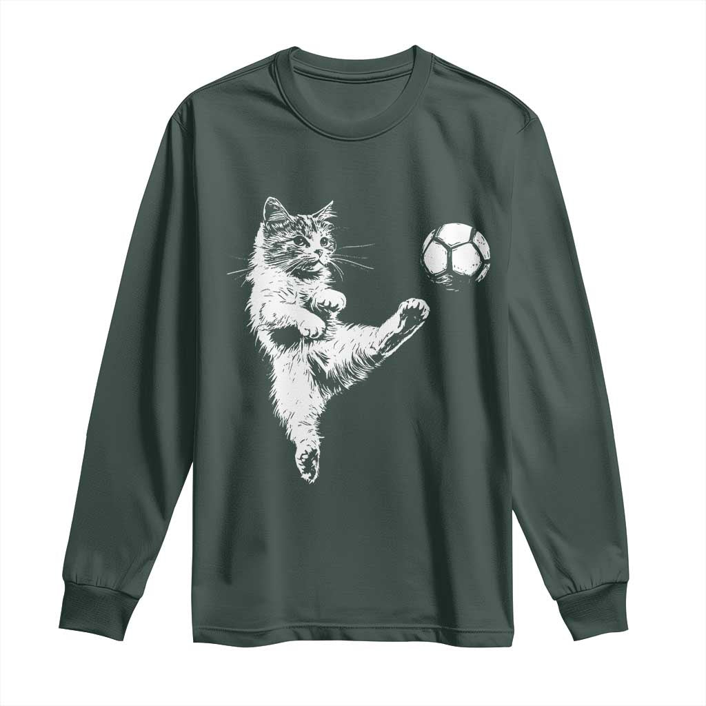 Vintage Sketch Soccer Cat Graphic Long Sleeve Shirt Kitten Kicking Football Sports Lover TS02 Dark Forest Green Print Your Wear