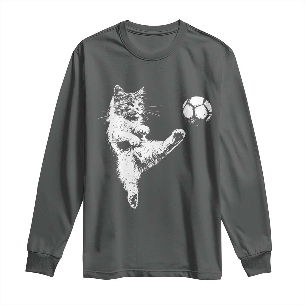Vintage Sketch Soccer Cat Graphic Long Sleeve Shirt Kitten Kicking Football Sports Lover TS02 Dark Heather Print Your Wear