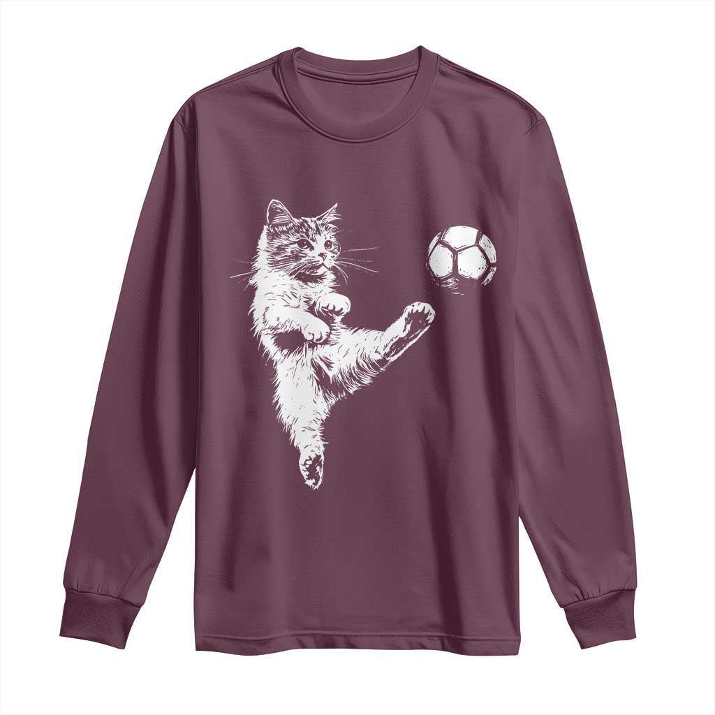 Vintage Sketch Soccer Cat Graphic Long Sleeve Shirt Kitten Kicking Football Sports Lover TS02 Maroon Print Your Wear