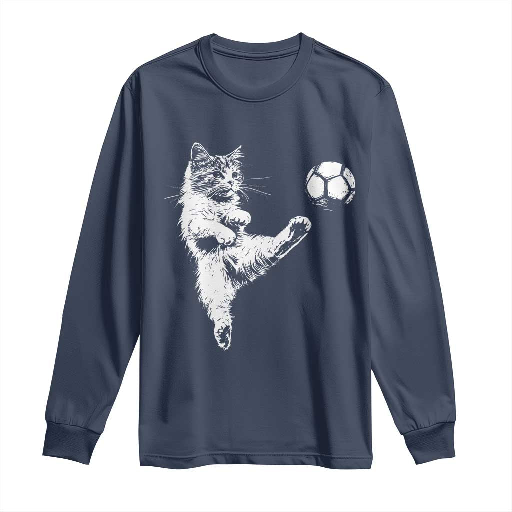Vintage Sketch Soccer Cat Graphic Long Sleeve Shirt Kitten Kicking Football Sports Lover TS02 Navy Print Your Wear