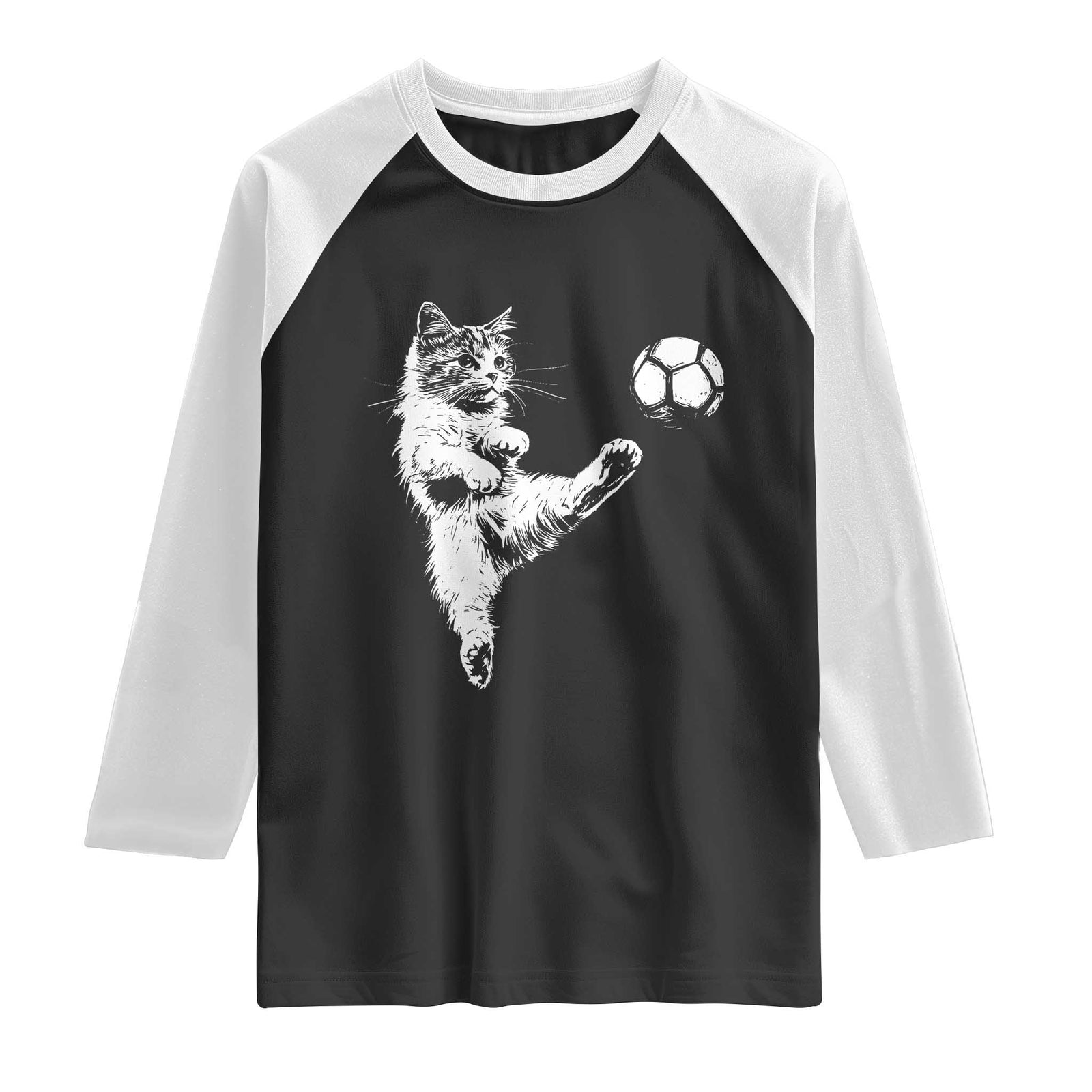 Vintage Sketch Soccer Cat Graphic Raglan Shirt Kitten Kicking Football Sports Lover TS02 Black White Print Your Wear