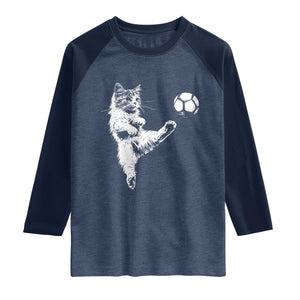 Vintage Sketch Soccer Cat Graphic Raglan Shirt Kitten Kicking Football Sports Lover TS02 Heather Denim Navy Print Your Wear