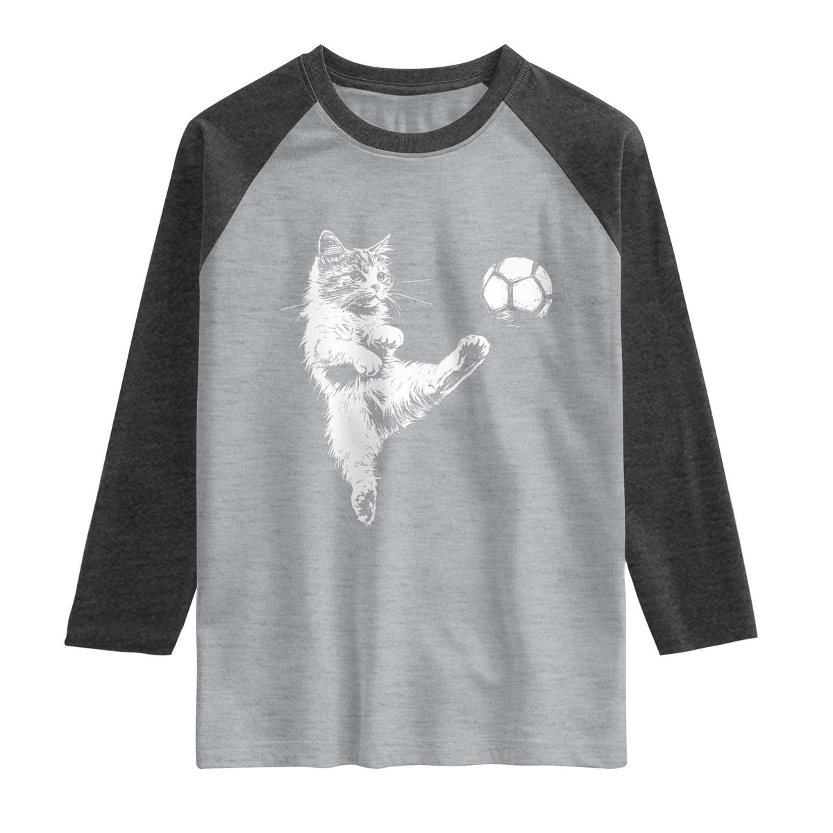 Vintage Sketch Soccer Cat Graphic Raglan Shirt Kitten Kicking Football Sports Lover TS02 Heather Gray Heather Charcoal Print Your Wear