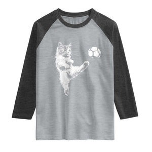 Vintage Sketch Soccer Cat Graphic Raglan Shirt Kitten Kicking Football Sports Lover TS02 Heather Gray Heather Charcoal Print Your Wear