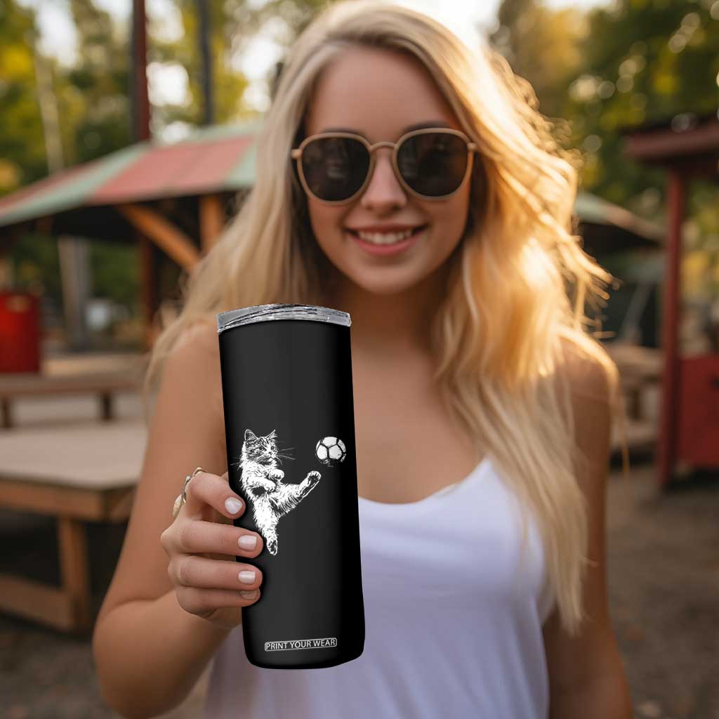 Vintage Sketch Soccer Cat Graphic Skinny Tumbler Kitten Kicking Football Sports Lover TS02 Print Your Wear