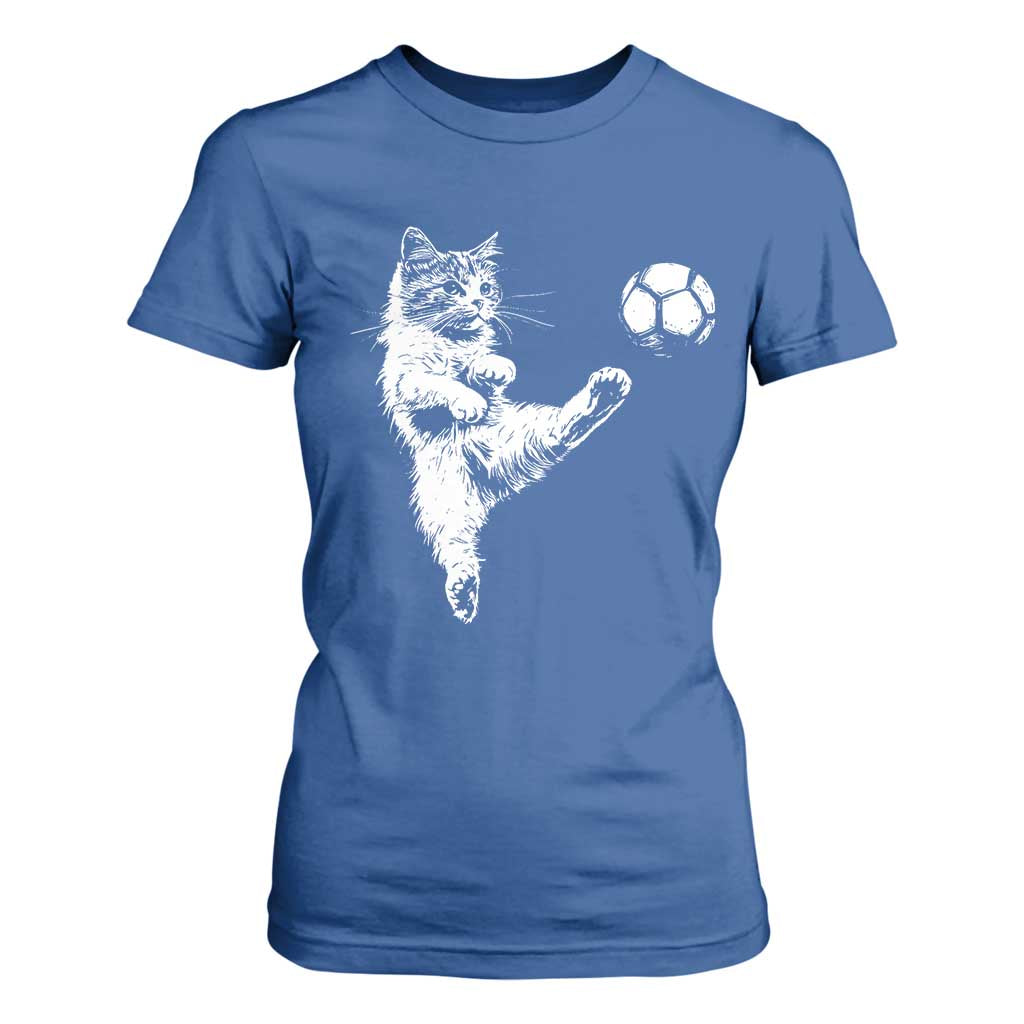 Vintage Sketch Soccer Cat Graphic T Shirt For Women Kitten Kicking Football Sports Lover