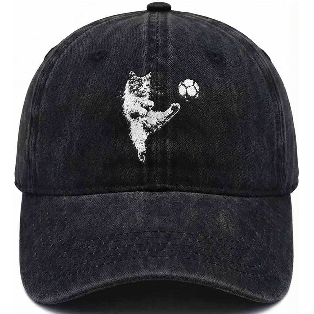 Vintage Sketch Soccer Cat Graphic Washed Cotton Baseball Cap Kitten Kicking Football Sports Lover TS02 Print Your Wear