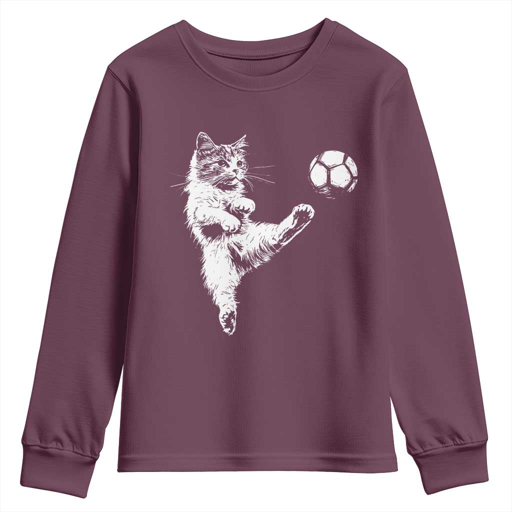 Vintage Sketch Soccer Cat Graphic Youth Sweatshirt Kitten Kicking Football Sports Lover TS02 Maroon Print Your Wear