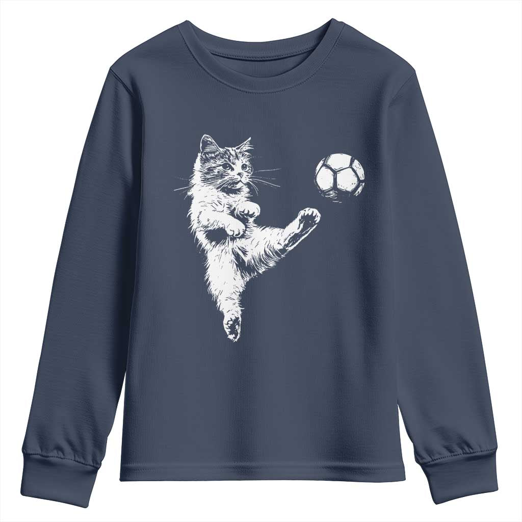 Vintage Sketch Soccer Cat Graphic Youth Sweatshirt Kitten Kicking Football Sports Lover TS02 Navy Print Your Wear