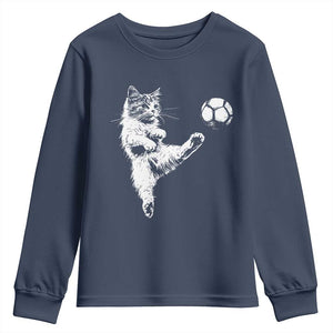 Vintage Sketch Soccer Cat Graphic Youth Sweatshirt Kitten Kicking Football Sports Lover TS02 Navy Print Your Wear