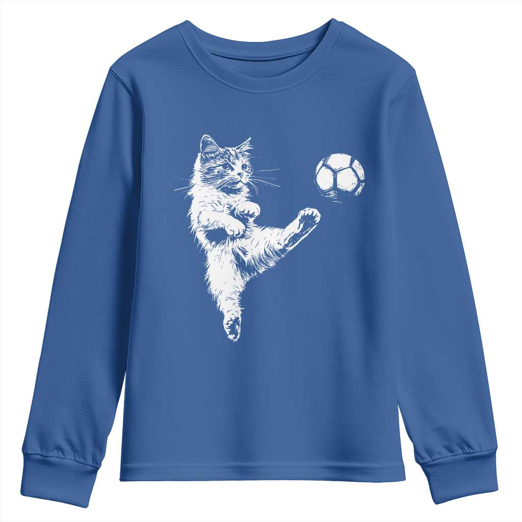 Vintage Sketch Soccer Cat Graphic Youth Sweatshirt Kitten Kicking Football Sports Lover TS02 Royal Blue Print Your Wear