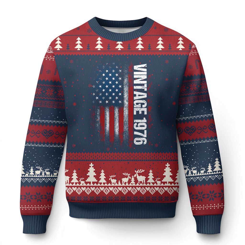 1976 Distressed American Flag Ugly Christmas Sweater Patriotic 50th Birthday Graphic TS02 Navy Red Print Your Wear