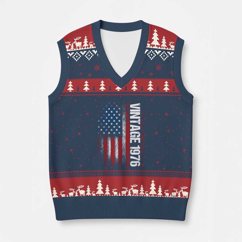 1976 Distressed American Flag V-Neck Knit Sweater Vest Patriotic 50th Birthday Graphic TS02 Navy Red Print Your Wear