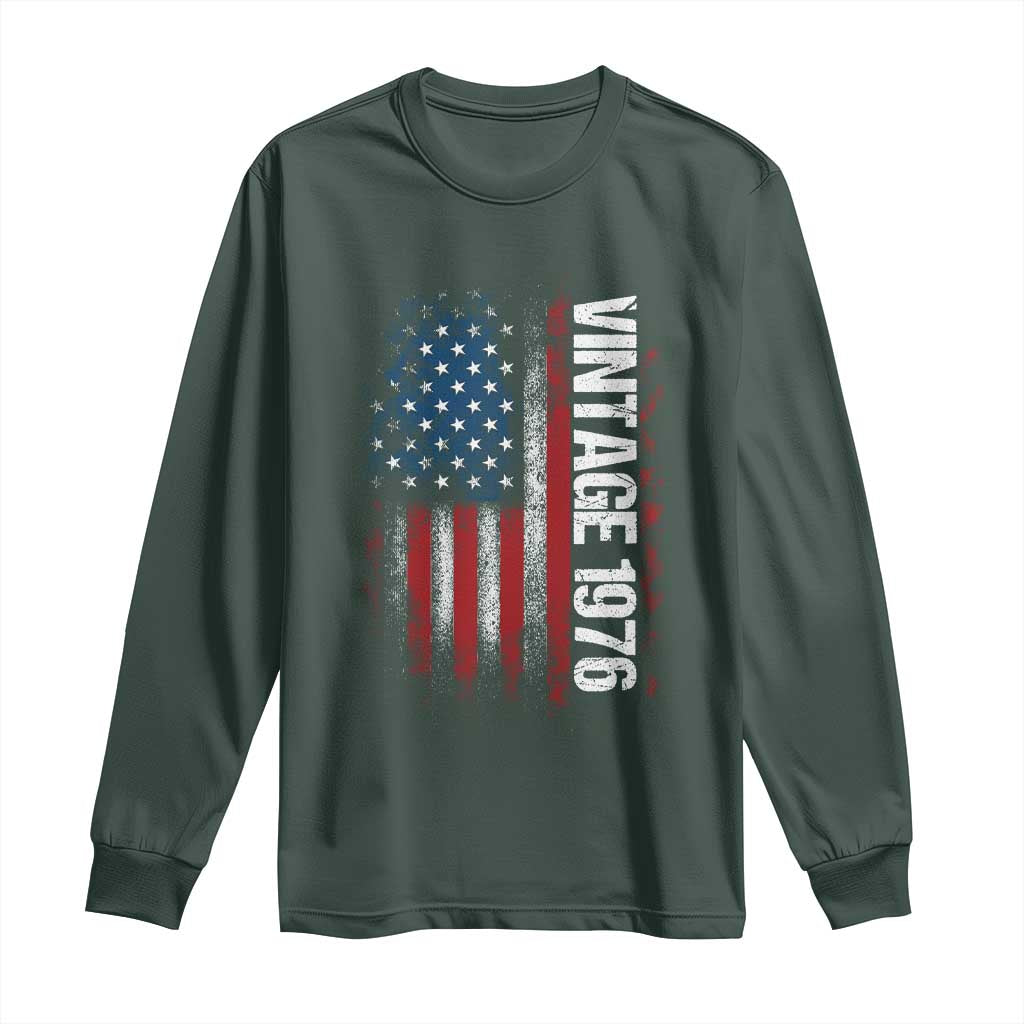 1976 Distressed American Flag Long Sleeve Shirt Patriotic 50th Birthday Graphic TS02 Dark Forest Green Print Your Wear