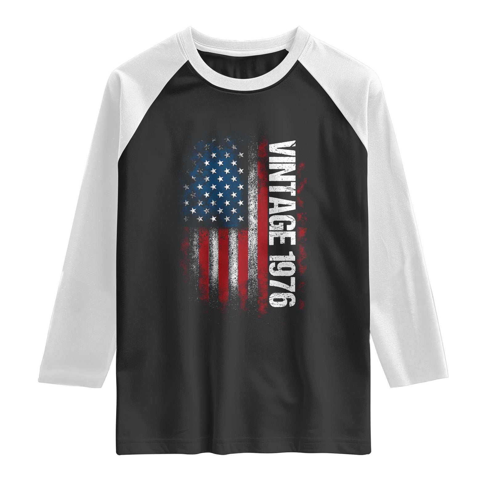 1976 Distressed American Flag Raglan Shirt Patriotic 50th Birthday Graphic TS02 Black White Print Your Wear