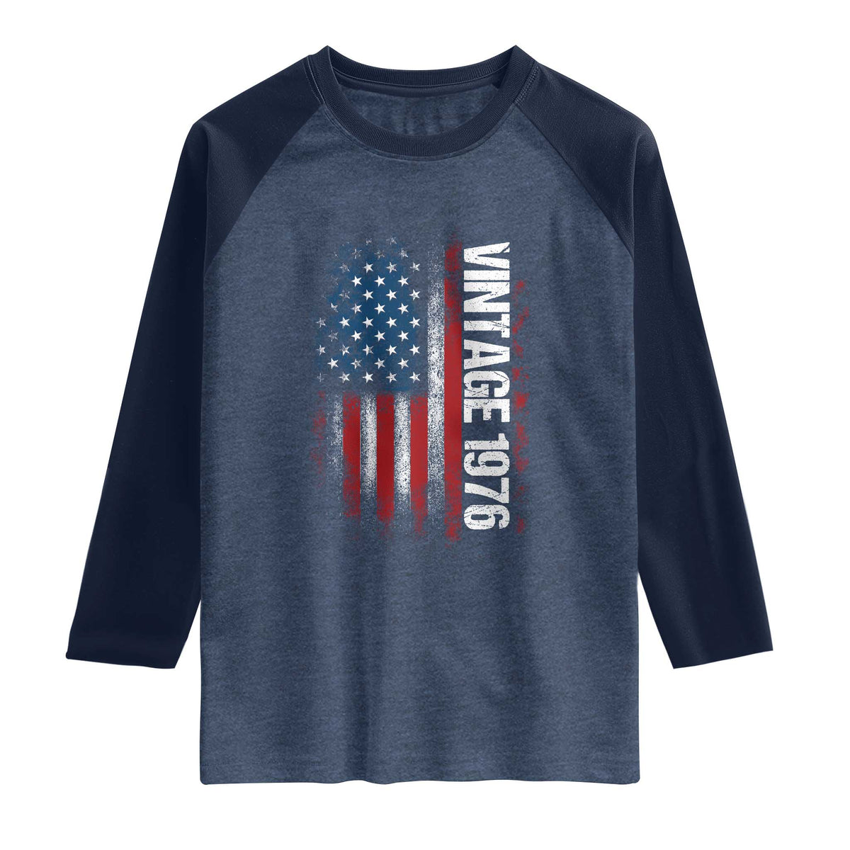 1976 Distressed American Flag Raglan Shirt Patriotic 50th Birthday Graphic TS02 Heather Denim Navy Print Your Wear