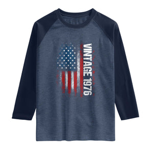 1976 Distressed American Flag Raglan Shirt Patriotic 50th Birthday Graphic TS02 Heather Denim Navy Print Your Wear