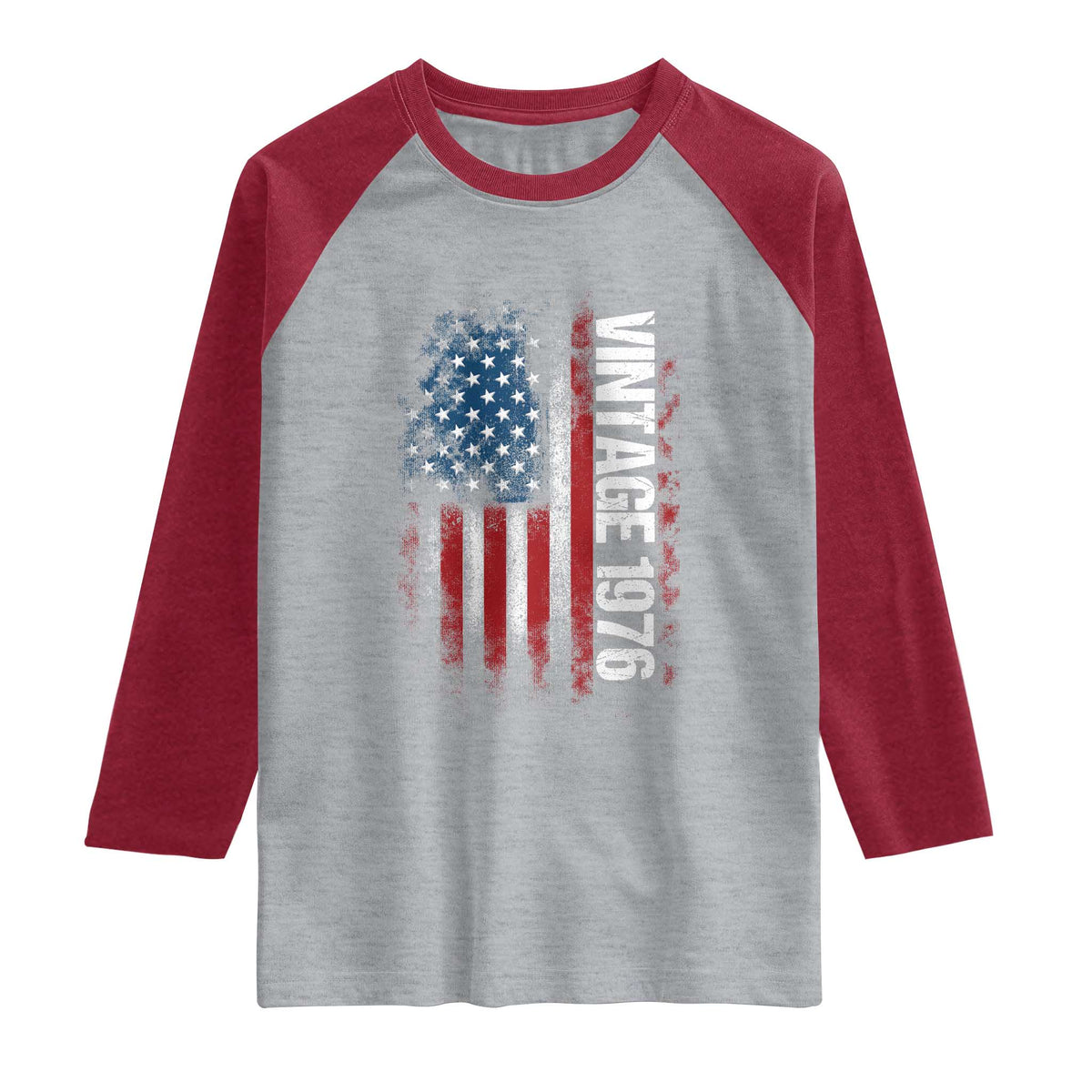 1976 Distressed American Flag Raglan Shirt Patriotic 50th Birthday Graphic TS02 Heather Gray Heather Red Print Your Wear