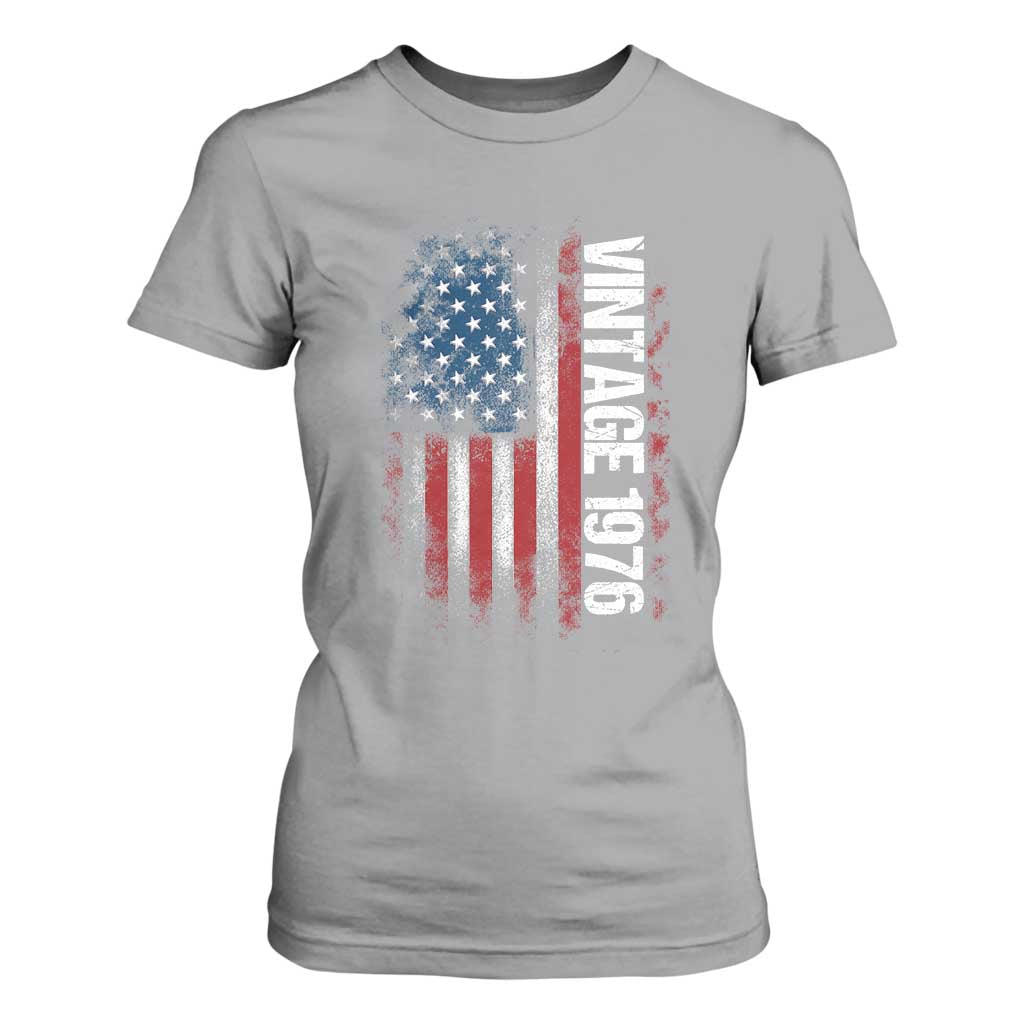 1976 Distressed American Flag T Shirt For Women Patriotic 50th Birthday Graphic TS02 Sport Gray Print Your Wear