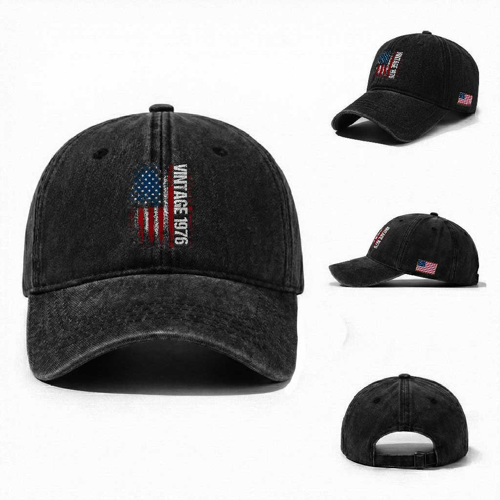 1976 Distressed American Flag Washed Cotton Baseball Cap Patriotic 50th Birthday Graphic TS02 Washed Cap Universal Fit Black Print Your Wear