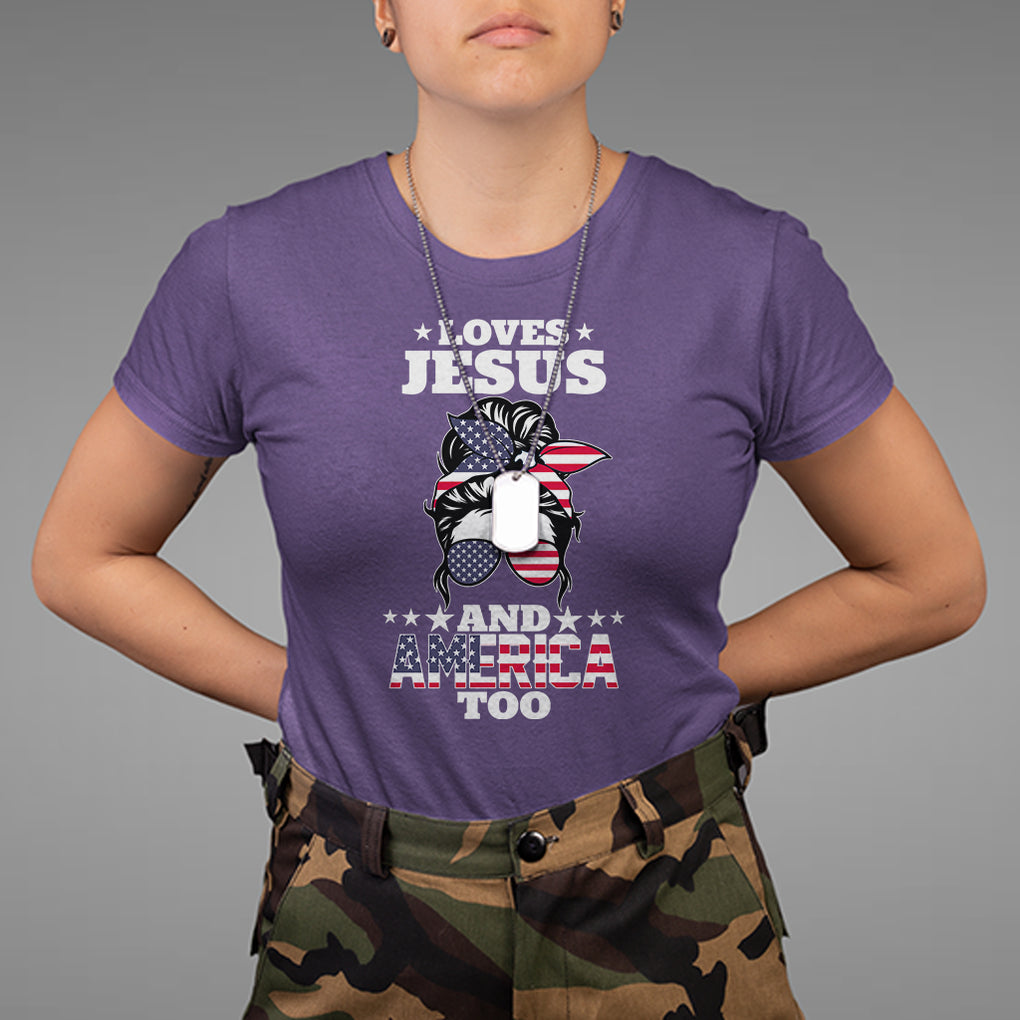 Loves Jesus and America Too Christian 4th of July Messy Bun T Shirt TS02 Printyourwear