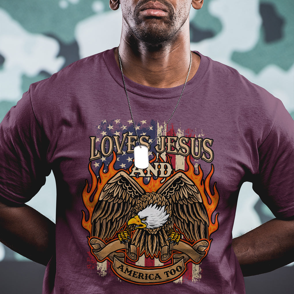 Loves Jesus and America Too Christian 4th of July Eagle T Shirt TS02 Printyourwear