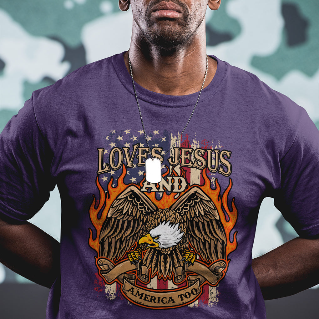 Loves Jesus and America Too Christian 4th of July Eagle T Shirt TS02 Printyourwear