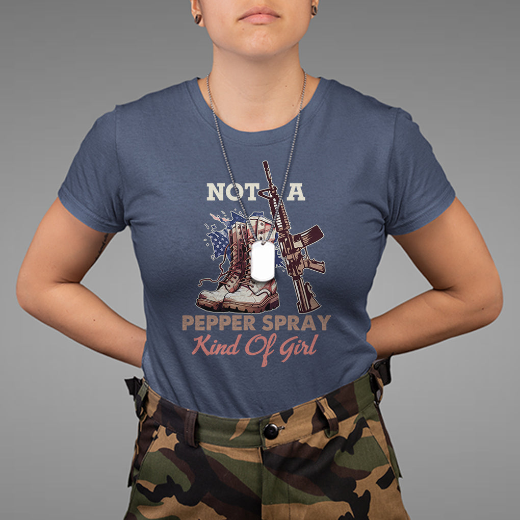Female Veteran T Shirt Not A Pepper Spray Kind Of Girl American Flag Combat Boots TS02 Navy Printyourwear