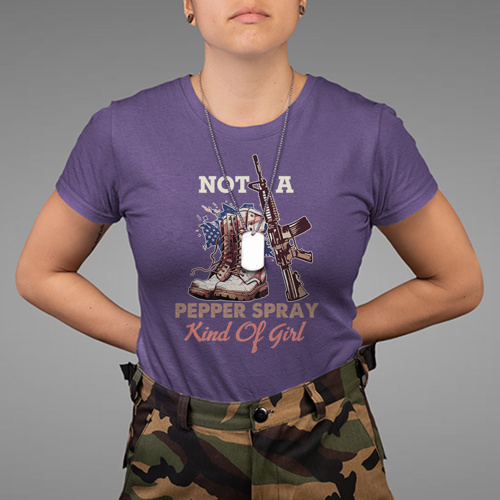 Female Veteran T Shirt Not A Pepper Spray Kind Of Girl American Flag Combat Boots TS02 Purple Printyourwear