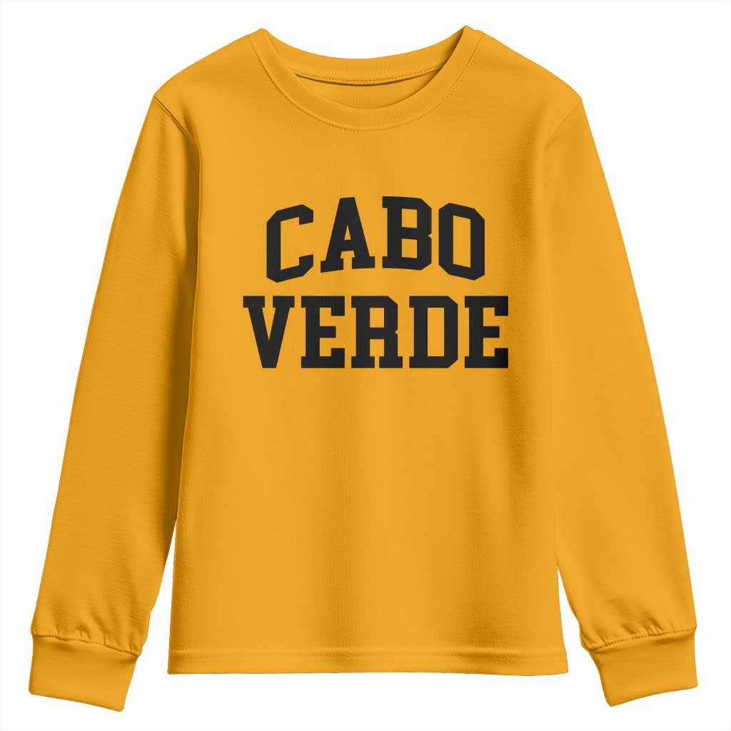 Cabo Verde Returns Home National Pride Varsity Style Youth Sweatshirt Cape Verde Minimalist Text Graphic TS02 Gold Print Your Wear