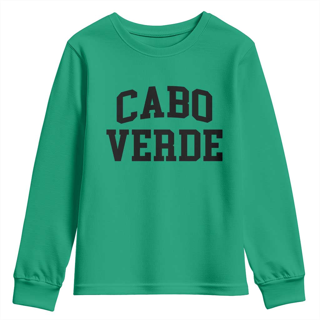 Cabo Verde Returns Home National Pride Varsity Style Youth Sweatshirt Cape Verde Minimalist Text Graphic TS02 Irish Green Print Your Wear