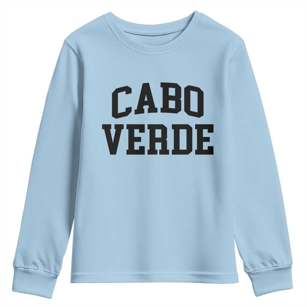 Cabo Verde Returns Home National Pride Varsity Style Youth Sweatshirt Cape Verde Minimalist Text Graphic TS02 Light Blue Print Your Wear