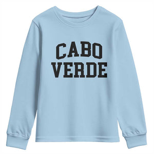 Cabo Verde Returns Home National Pride Varsity Style Youth Sweatshirt Cape Verde Minimalist Text Graphic TS02 Light Blue Print Your Wear