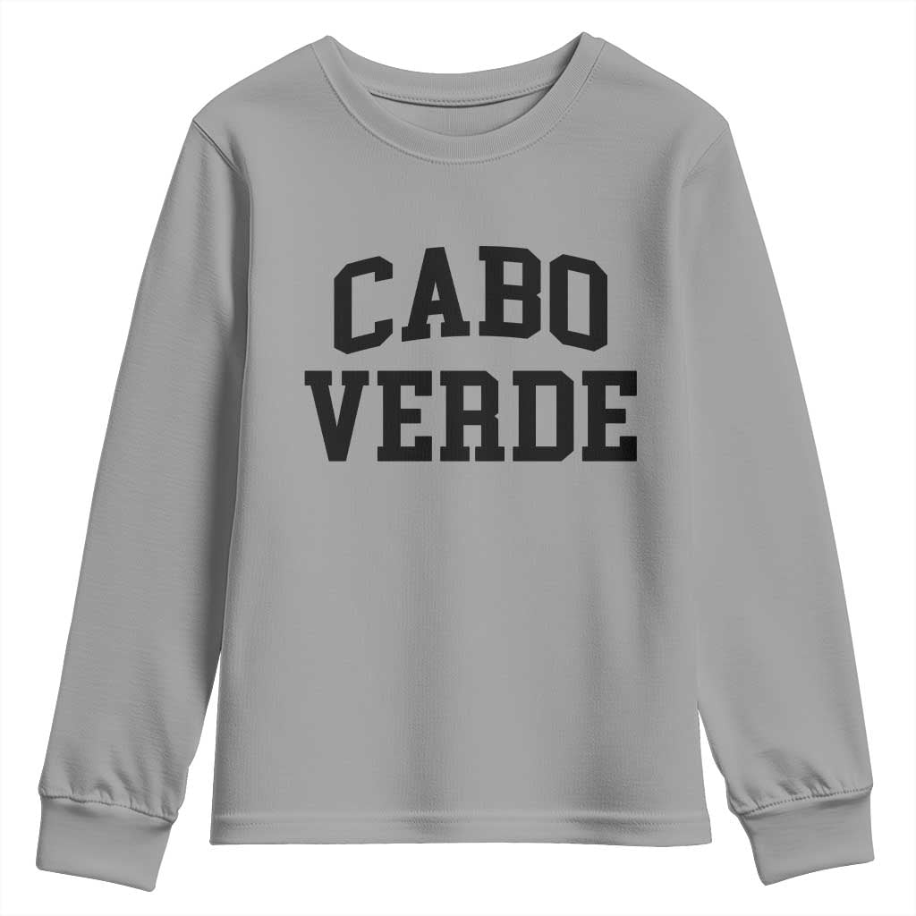 Cabo Verde Returns Home National Pride Varsity Style Youth Sweatshirt Cape Verde Minimalist Text Graphic TS02 Sport Gray Print Your Wear
