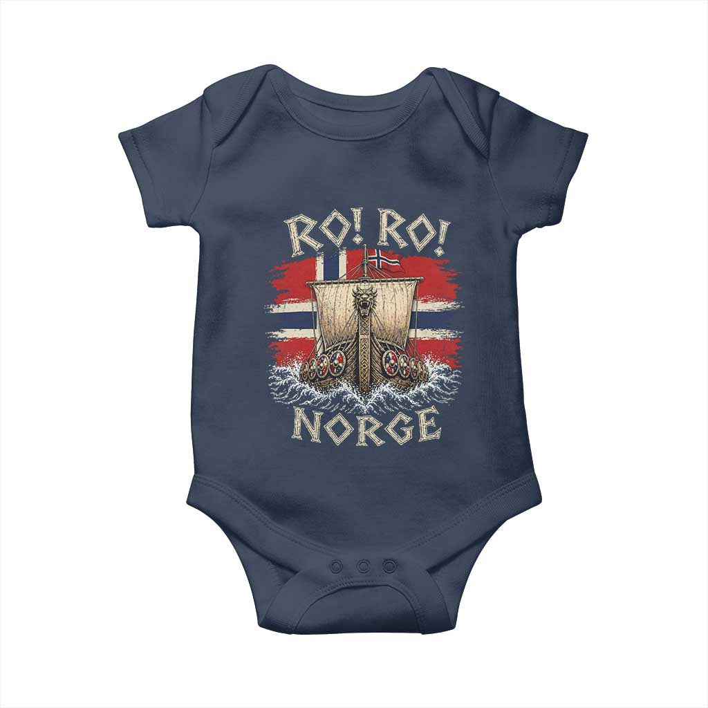 Retro Norge Viking Longship Ro Ro Baby Onesie Patriotic Norge Norwegian Flag Funny Rowing Support TS02 Navy Print Your Wear