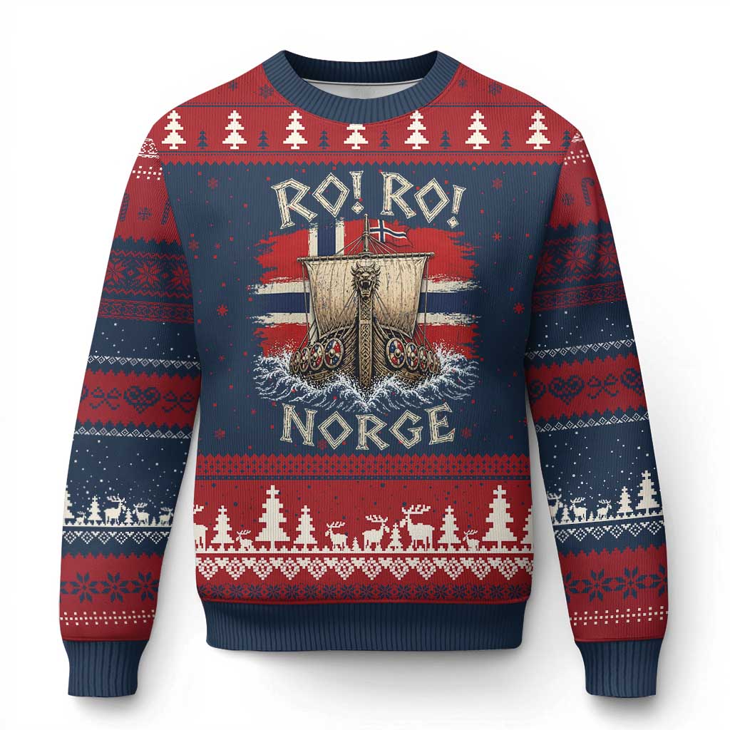 Retro Norge Viking Longship Ro Ro Ugly Christmas Sweater Patriotic Norge Norwegian Flag Funny Rowing Support TS02 Navy Red Print Your Wear
