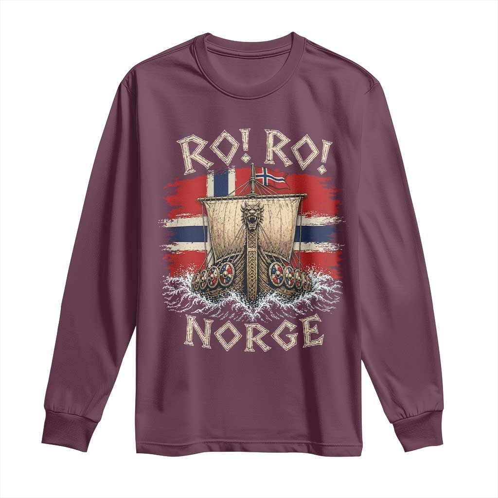 Retro Norge Viking Longship Ro Ro Long Sleeve Shirt Patriotic Norge Norwegian Flag Funny Rowing Support TS02 Maroon Print Your Wear