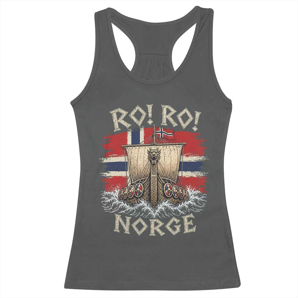 Retro Norge Viking Longship Ro Ro Racerback Tank Top Patriotic Norge Norwegian Flag Funny Rowing Support TS02 Dark Heather Print Your Wear