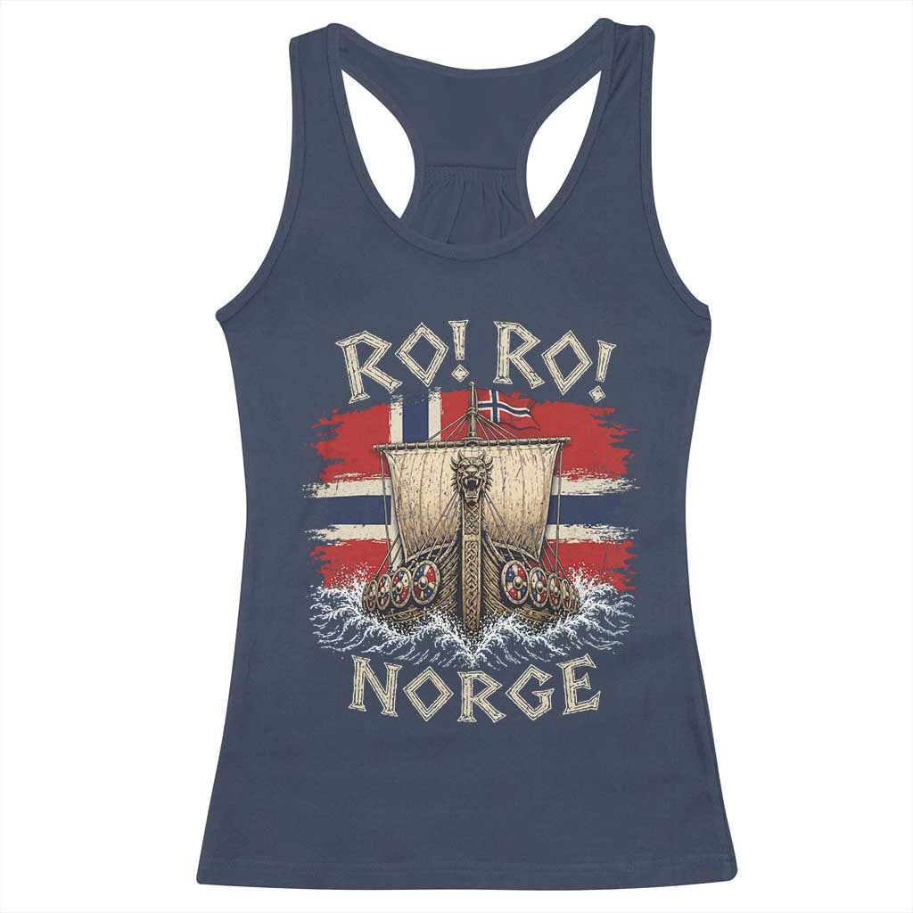 Retro Norge Viking Longship Ro Ro Racerback Tank Top Patriotic Norge Norwegian Flag Funny Rowing Support TS02 Navy Print Your Wear