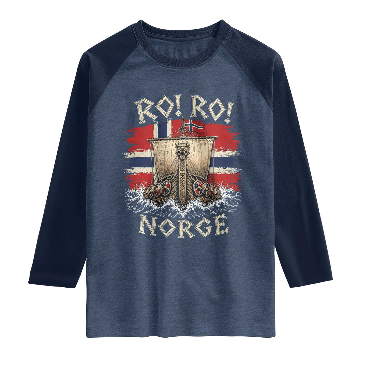 Retro Norge Viking Longship Ro Ro Raglan Shirt Patriotic Norge Norwegian Flag Funny Rowing Support TS02 Heather Denim Navy Print Your Wear