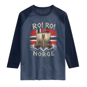 Retro Norge Viking Longship Ro Ro Raglan Shirt Patriotic Norge Norwegian Flag Funny Rowing Support TS02 Heather Denim Navy Print Your Wear