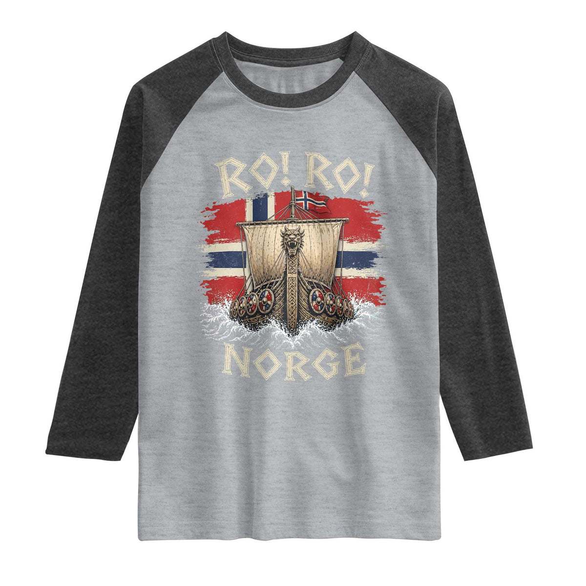 Retro Norge Viking Longship Ro Ro Raglan Shirt Patriotic Norge Norwegian Flag Funny Rowing Support TS02 Heather Gray Heather Charcoal Print Your Wear